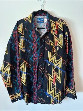 VINTAGE Wrangler Black Button-Down Western Shirt with Yellow, Red & Blue Aztec